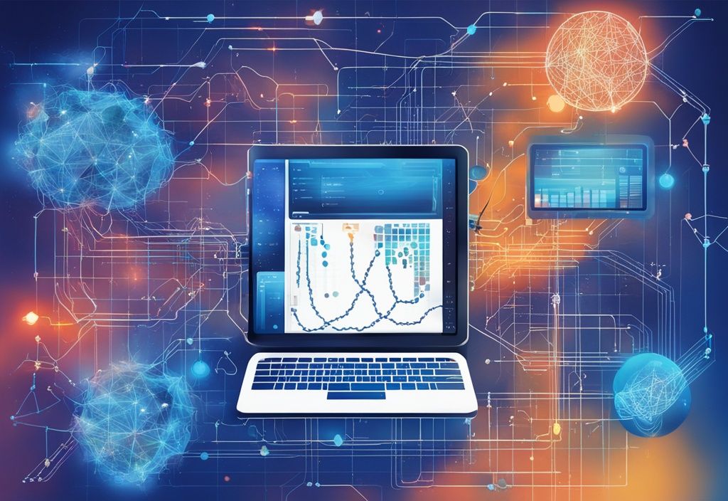 Moderne digitale Illustration eines Computerbildschirms mit einem lebendigen Blockchain-Netzwerk, das Ether Fi-Funktionalitäten symbolisiert, sowie Finanzdiagramme und Codezeilen. Schlüsselwort: was ist Ether Fi.