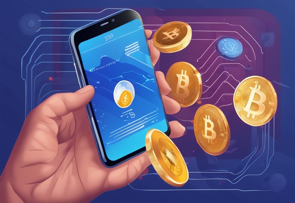 Moderne digitale Illustration eines Smartphones mit der Bitvavo-App, Schwerpunkt auf der Krypto-Sendefunktion, umgeben von Symbolen verschiedener Kryptowährungen auf blauem Hintergrund