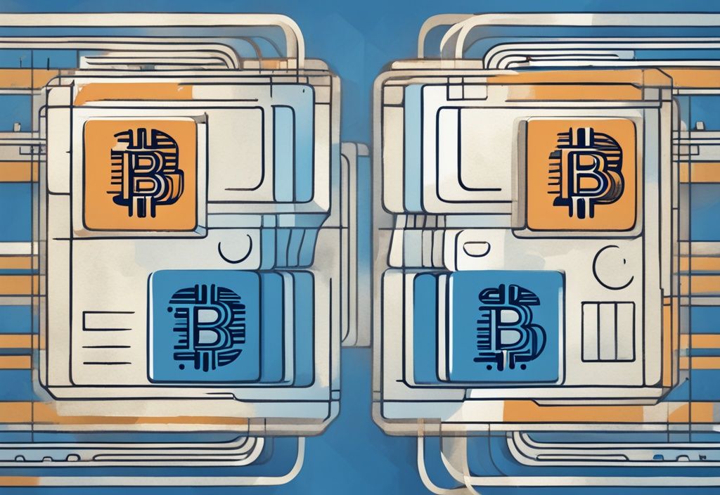 Moderne digitale Illustration mit blauem Farbthema, zeigt zwei unterschiedlich gefärbte Blöcke, einer mit "Bitcoin" und der andere mit "Native SegWit" beschriftet, symbolisiert Integration und verbesserte Transaktionseffizienz.
