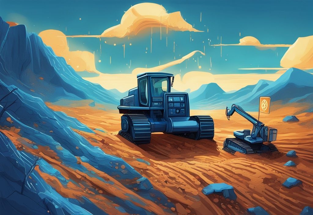 Moderne digitale Malerei mit blauem Farbschema: Eine halb vergrabene, vintage mechanische Grabmaschine in einer digitalen Landschaft holt den letzten glänzenden Bitcoin hervor, was die Frage "wann wird der letzte Bitcoin geschürft" symbolisiert.