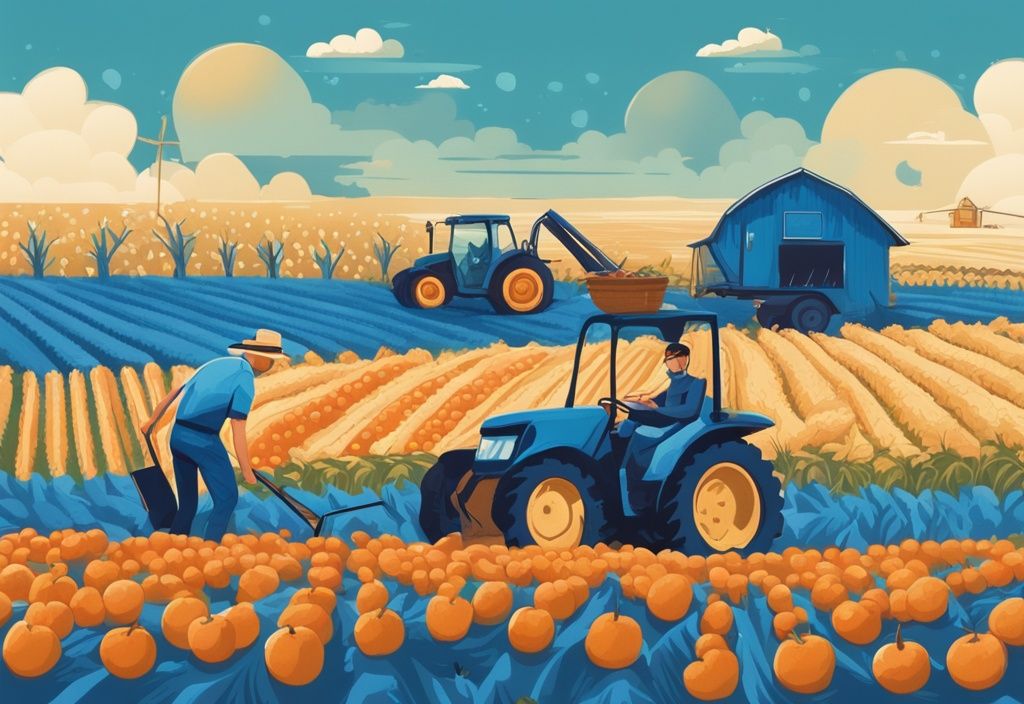 Moderne digitale Illustration mit blauem Farbschema: Ein reicher Erntefeld im Vordergrund mit einem glücklichen Bauern, der die Früchte seiner Arbeit sammelt, während digitale Symbole für Kryptowährungen über den Erträgen schweben, was das Konzept des Yield Farming in der Blockchain-Welt symbolisiert.