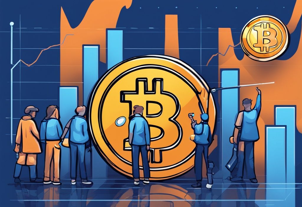 Moderne digitale Illustration mit blauem Farbschema, Bitcoin steigt gegen einen Graphen, symbolisiert steigenden Wert, neugierige Charaktere erkunden und überlegen seinen Wert