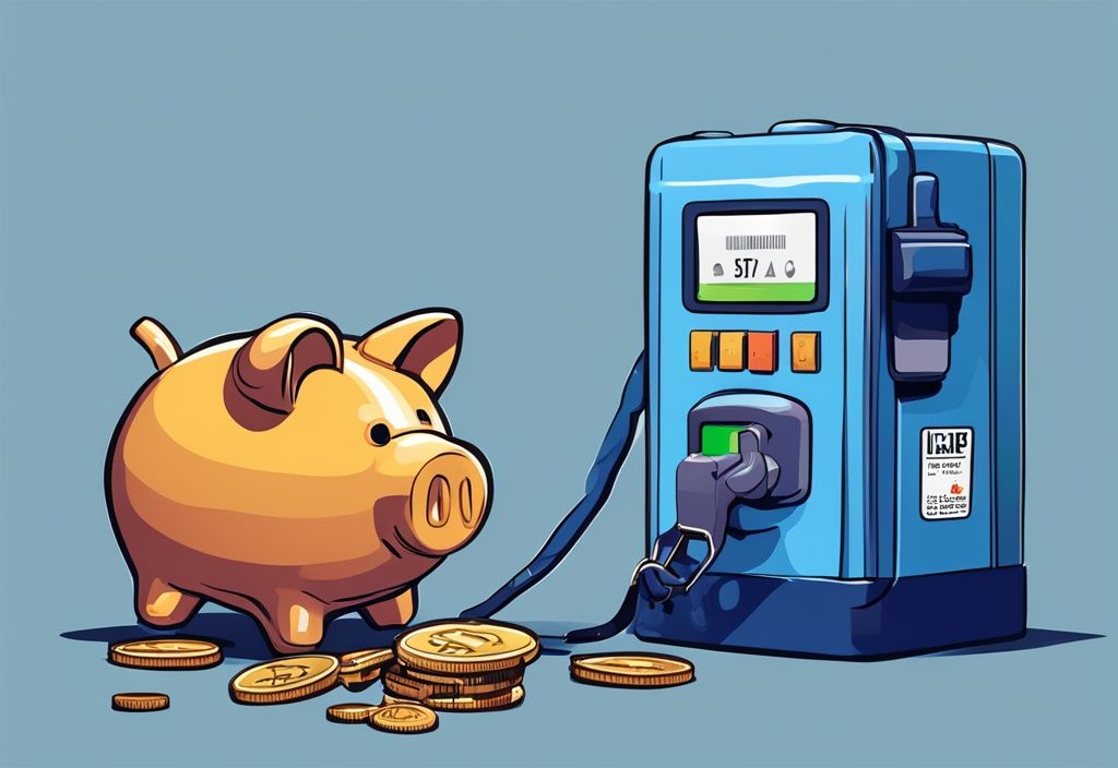 Digitale Illustration einer modernen Zapfsäule mit Kryptowährungen, die aus der Düse in ein durchsichtiges Sparschwein fließen, Hauptfarbe Blau