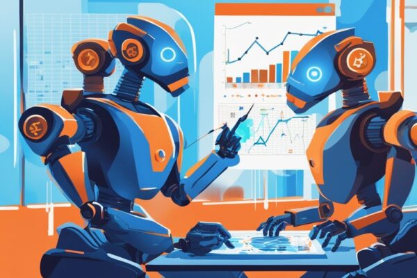 Moderne digitale Illustration in Blau mit stilvollen Krypto Trading Bots, die Kryptowährungsmarkt-Trends auf digitalen Bildschirmen analysieren.