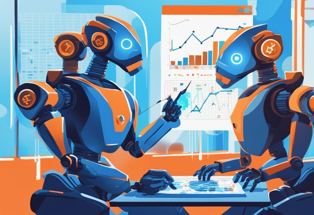 Moderne digitale Illustration in Blau mit stilvollen Krypto Trading Bots, die Kryptowährungsmarkt-Trends auf digitalen Bildschirmen analysieren.