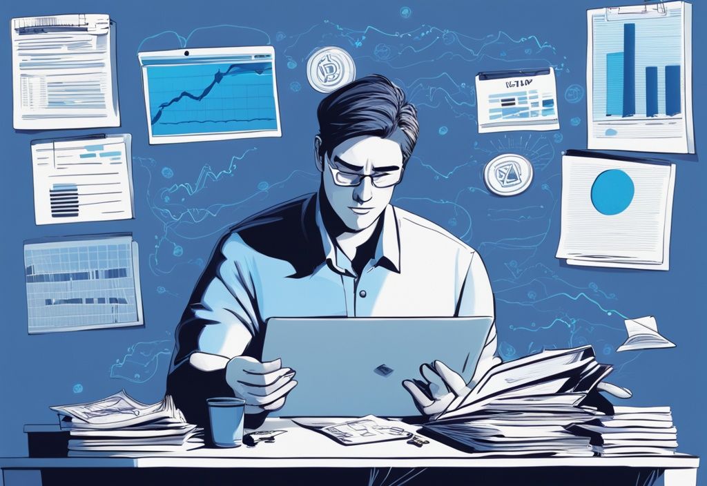 Moderner digitaler Gemäldeillustration eines gestressten Kryptowährungsinvestors, der über einem Stapel von Dokumenten sitzt, im Hintergrund schwankende Diagramme und ein Textfeld mit den Worten "Spekulationssteuer".