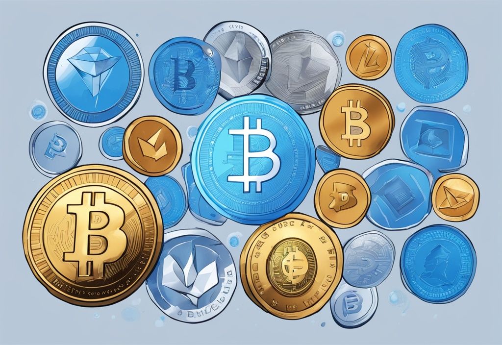 Moderne digitale Malerei Illustration in Blau, verschiedene Kryptowährungen als physische Münzen in aufsteigender Reihenfolge, gipfelnd in einem gestempelten Dokument, das den Mittelherkunftsnachweis Krypto bestätigt.