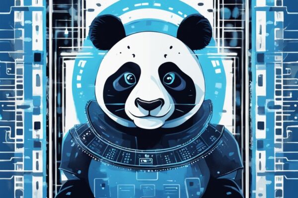 Moderner digitaler Panda mit Schild und Binärcode, der die Bitpanda Einlagensicherung darstellt.