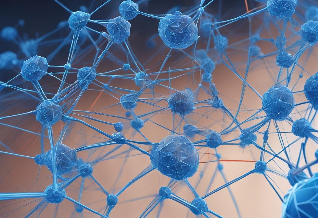 Moderne digitale Malerei mit blauem Farbschema, 3D-Modell eines komplexen Knotennetzwerks namens 'Nodex', das in einfachen Schritten visuell analysiert und erklärt wird.