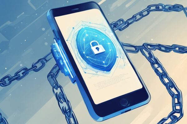 Modernes digitales Gemälde einer futuristischen Smartphone-Illustration mit einem Schlosssymbol auf dem Bildschirm und einem Netzwerk von Kettengrafiken im Hintergrund, das Blockchain-Technologie symbolisiert, was ist ein Kryptohandy.