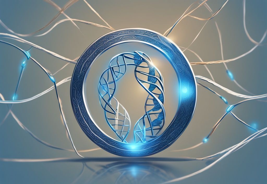 Moderne digitale Illustration in Blau: Eine glänzende, detaillierte Münze ist mit einem leuchtenden DNA-Strang verflochten, um das einzigartige Konzept von Entangle Coin darzustellen. Was ist Entangle Coin?