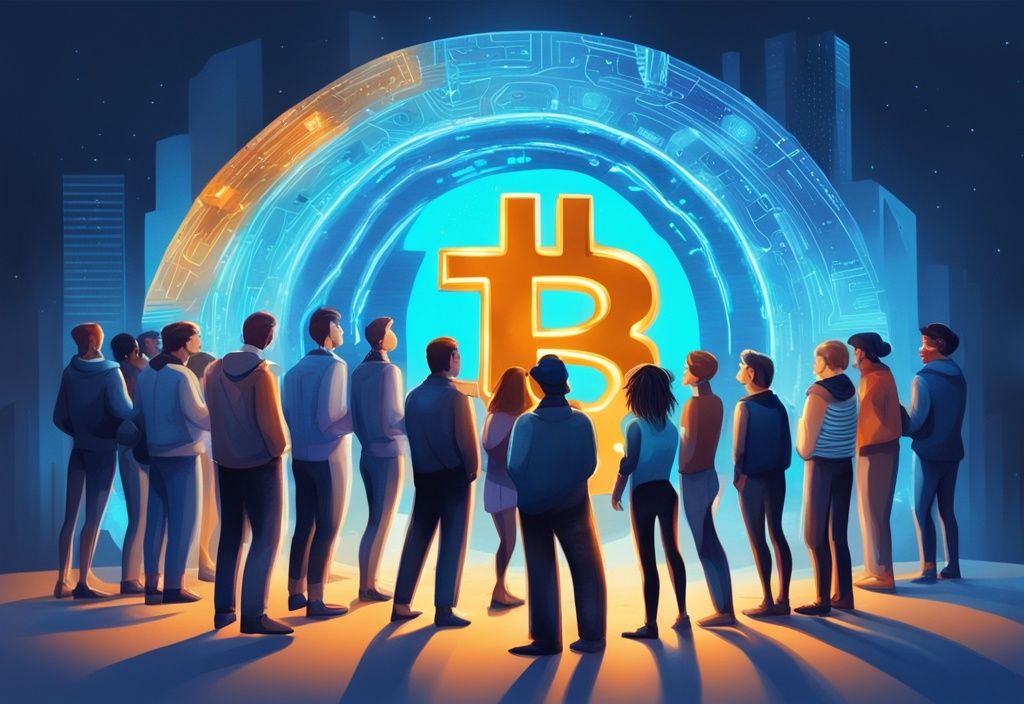 Moderne digitale Malerei mit blauem Farbthema, diverse Gruppe von Fachleuten steht um ein leuchtendes Bitcoin-Symbol, das Wachstum und breite Akzeptanz von Kryptowährungen darstellt.