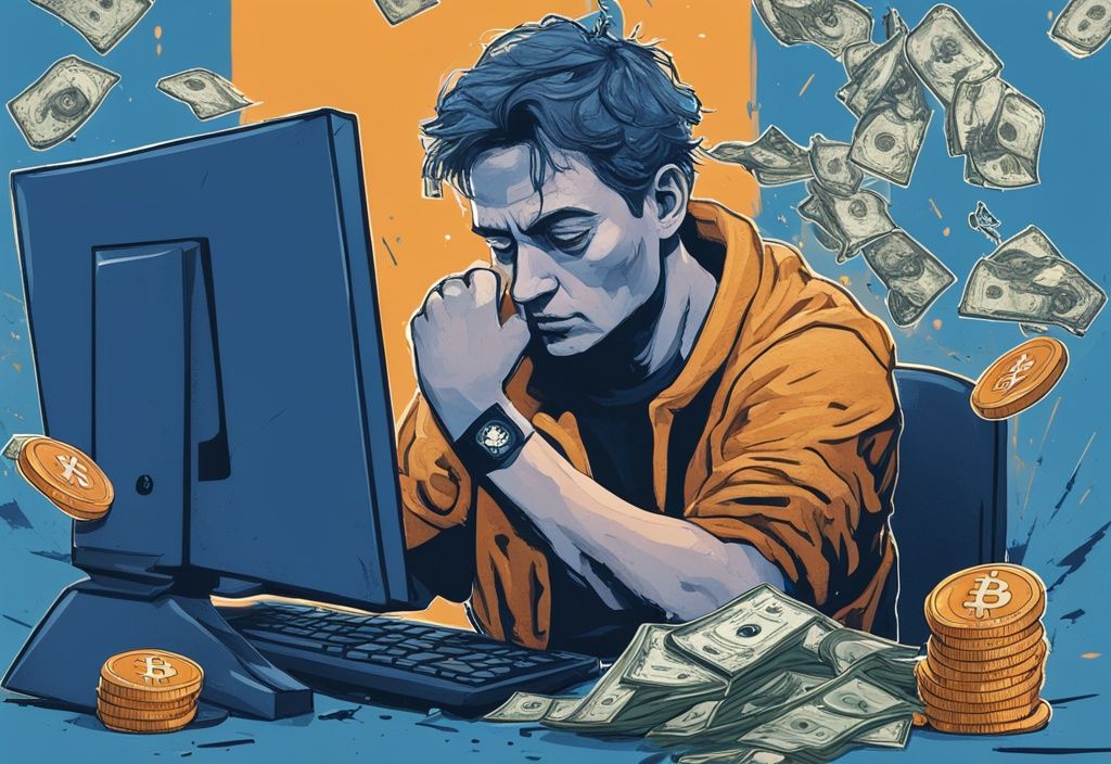 Moderne digitale Malerei mit blauer Farbgebung, zeigt eine verzweifelte Person vor einem Computerbildschirm mit zerbröseltem Bitcoin, symbolisiert Krypto-Betrug, neben einer triumphierenden Figur mit Geldbündeln, symbolisiert Geldrückgewinnung.