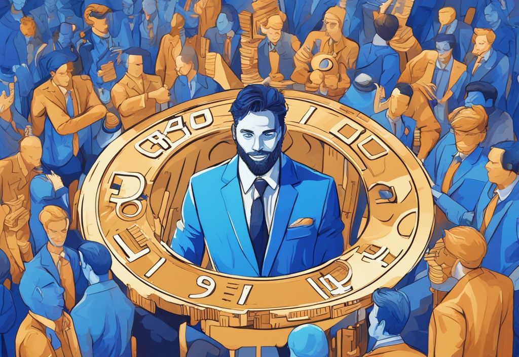 Moderne digitale Malerei eines glücklichen Krypto-Millionärs umgeben von digitalen Zahlen in Blau.