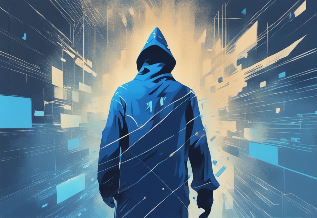 Moderne digitale Malerei mit blauem Farbschema, eine rätselhafte Figur, die vermutlich Satoshi Nakamoto darstellt, verlässt eine digitale Landschaft und hinterlässt eine leuchtende, kryptische Nachricht - Satoshi Nakamoto letzte Nachricht.
