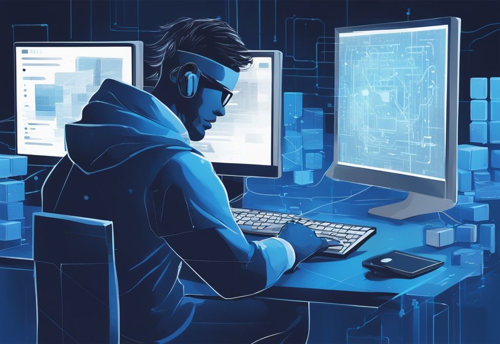 Moderner digitaler Gemälde-Illustration eines konzentrierten Programmierers mit Code auf dem Bildschirm und schwebenden Blockchain-Symbolen, Hauptfarbe Blau.