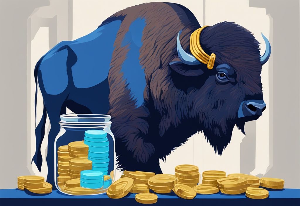 Moderner digitaler Gemäldeillustration eines Bisons, der Goldmünzen in ein Glasgefäß legt, symbolisiert einen Sparplan, Hauptfarbthema Blau.