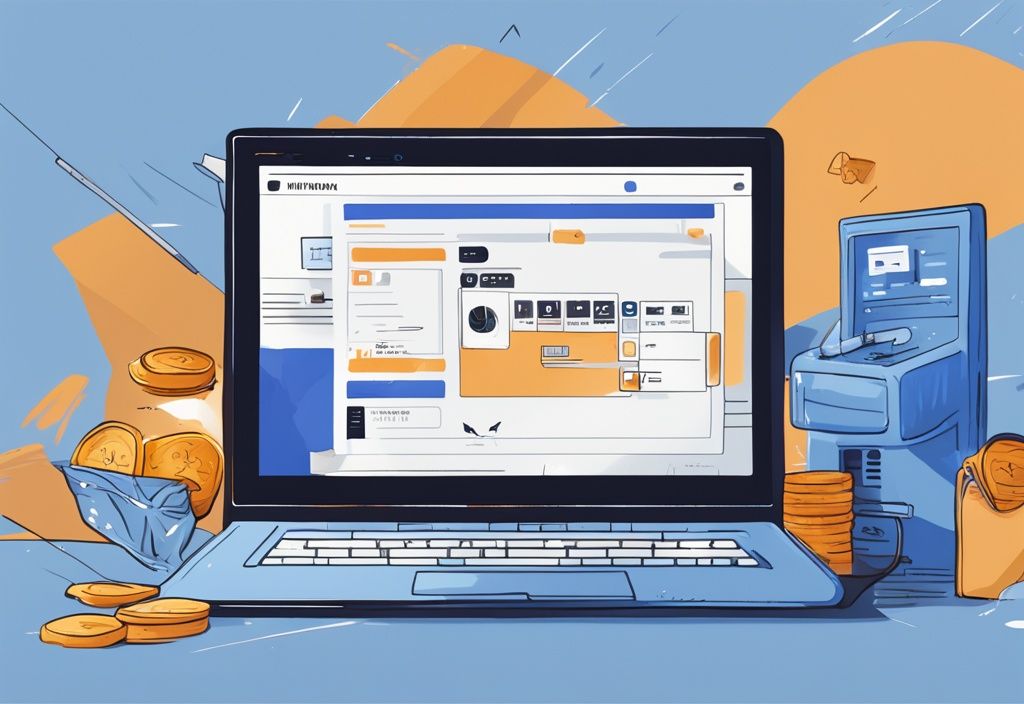 Moderne digitale Malerei, Computerbildschirm zeigt MetaMask-Website mit hervorgehobener Anleitung zum Geldabheben, Hauptfarbthema Blau