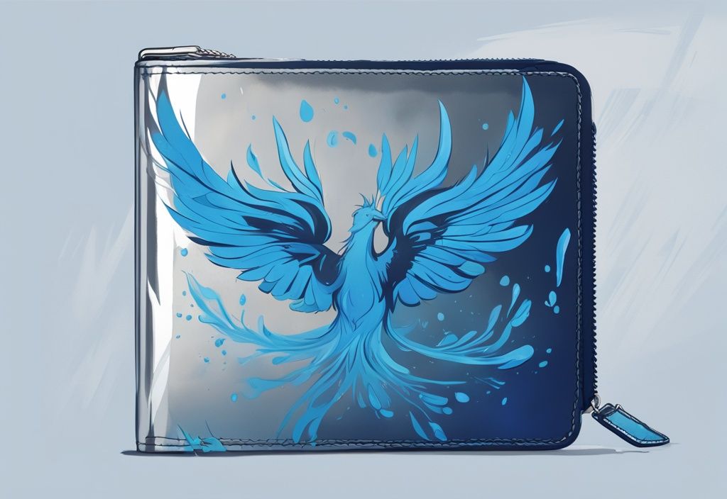 Moderne digitale Illustration eines Phoenix-Geldbeutels in Blau, der in einer kontrollierten Umgebung auf Haltbarkeit, Wasserbeständigkeit und RFID-Schutz getestet wird.