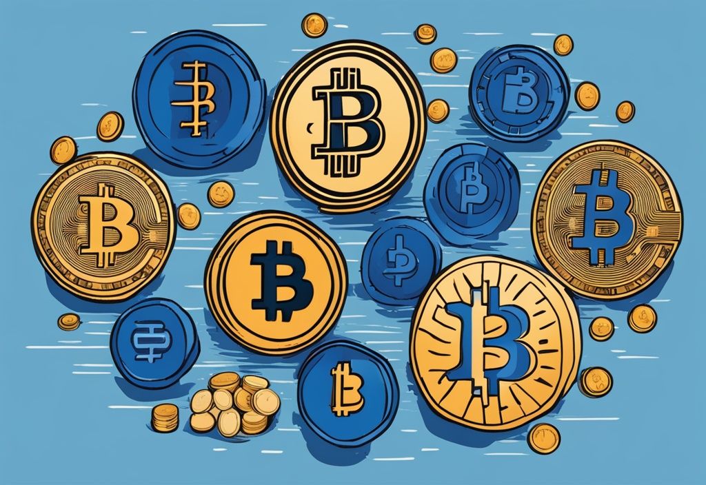 Moderne digitale Illustration mit verschiedenen Bitcoin Adresstypen, dargestellt durch beschriftete Münzen auf einer Blockchain, Hauptfarbe Blau