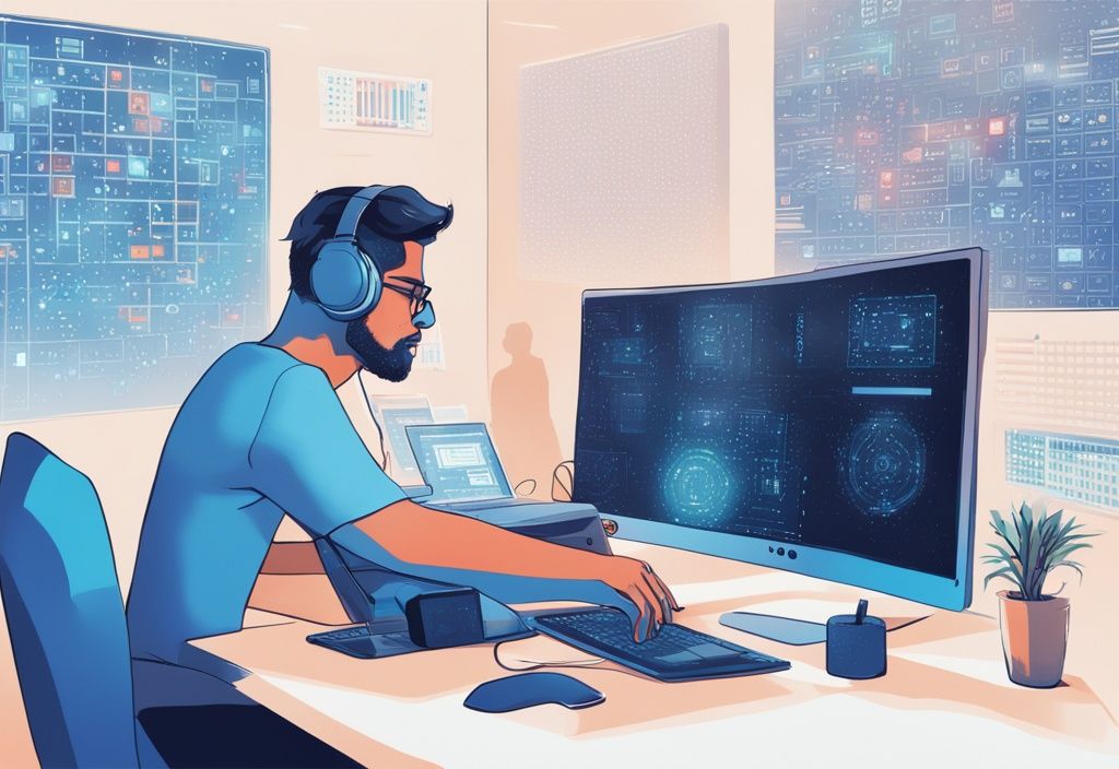 Moderne digitale Illustration eines Blockchain Programmierers an einem Schreibtisch mit mehreren Monitoren, der eine dezentrale Anwendung codiert, umgeben von Symbolen der Blockchain-Technologie wie vernetzten Blöcken und Verschlüsselungscodes. was ist ein Blockchain Programmierer