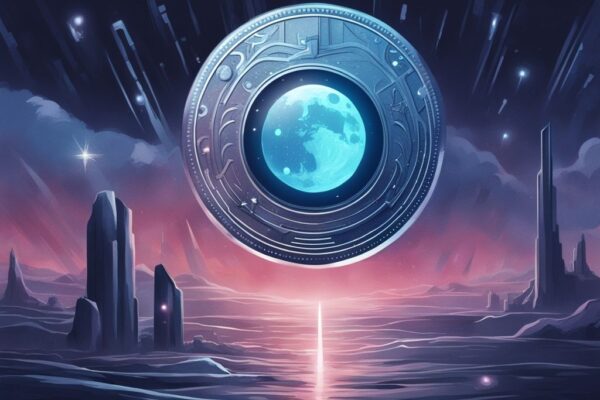 Erfahren Sie Alles Über SafeMoon Coin – Der Aufstrebende Kryptowährungs-Trend Moderne digitale Malerei mit blauem Farbschema, futuristische Silbermünze mit SafeMoon Coin-Logo, schimmernd unter himmlischen Lichtern