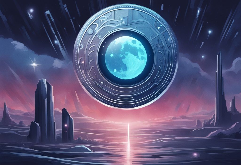 Moderne digitale Malerei mit blauem Farbschema, futuristische Silbermünze mit SafeMoon Coin-Logo, schimmernd unter himmlischen Lichtern