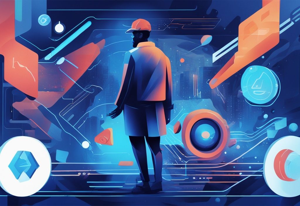 Moderne digitale Malerei mit blauem Farbschema, zeigt Benutzer, der mit futuristischer DeFi-Schnittstelle interagiert, und vielfältige DeFi Power Erfahrungen in Finanztransaktionen und Investitionen.