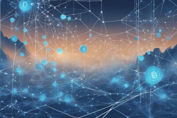 Moderne digitale Malerei mit blauem Farbschema, zeigt eine digitale Landschaft vernetzter Knoten, symbolisiert Web3, mit einer übergroßen "3" gefüllt mit Darstellungen von dezentralen Anwendungen und Kryptowährungstoken, was ist Web3