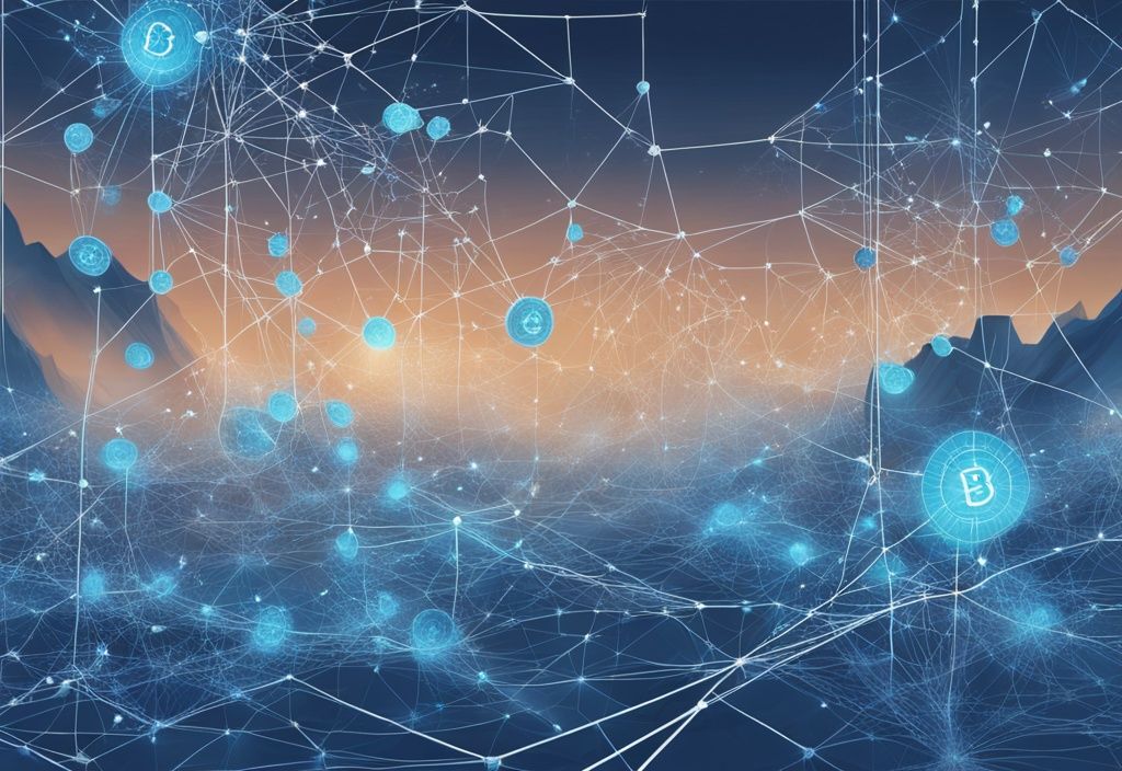 Moderne digitale Malerei mit blauem Farbschema, zeigt eine digitale Landschaft vernetzter Knoten, symbolisiert Web3, mit einer übergroßen "3" gefüllt mit Darstellungen von dezentralen Anwendungen und Kryptowährungstoken, was ist Web3