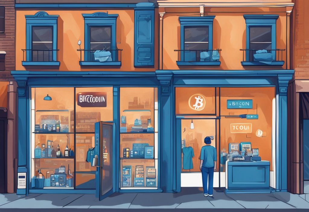 Moderne digitale Malerei mit blauem Farbthema, verschiedene Geschäfte wie Restaurants und Bekleidungsläden, die Bitcoin-Zahlung akzeptieren