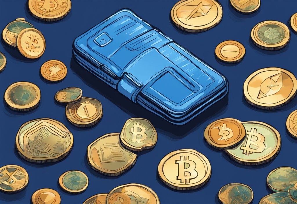 Moderne digitale Malerei mit blauem Farbschema, zeigt eine digitale Geldbörse mit verschiedenen Kryptowährungen, die mit Münzen gefüllt wird, symbolisiert das Konzept einer Krypto-Zulage.