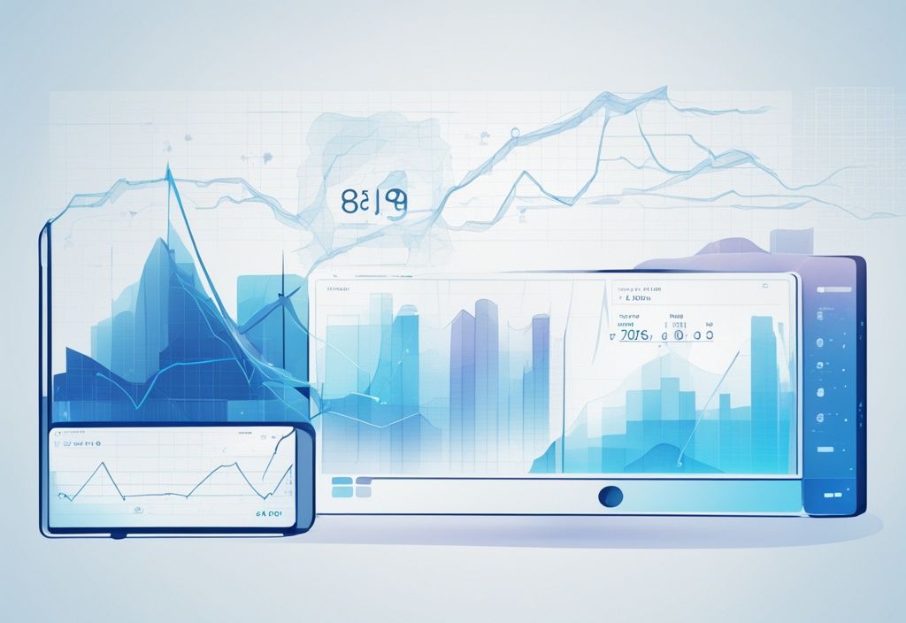 Moderne digitale Malerei Illustration mit blauem Farbschema, die ein futuristisches Display mit Graphen und Trends zur Argo Blockchain Prognose zeigt.