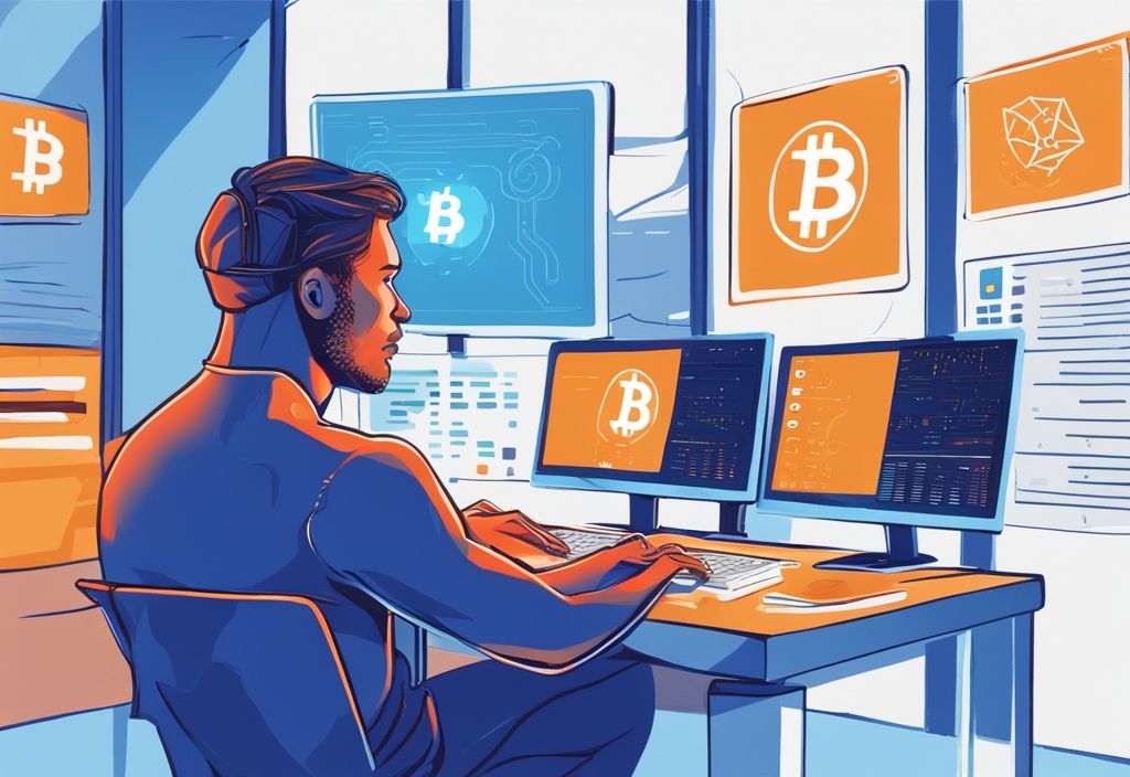 Moderne digitale Malerei eines nachdenklichen Individuums vor einem Computerbildschirm mit Kryptowährungsbörse, blaue Farbthematik