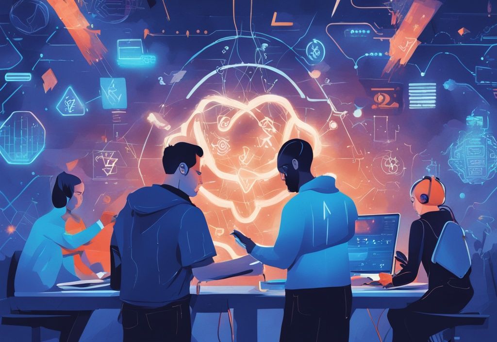 Moderne digitale Malerei mit blauem Farbschema, Technologie- und Finanzsymbole, prominentes Ether Fi-Logo, diverse Menschen, die versuchen, es durch einen großen, leuchtenden digitalen Bildschirm zu verstehen.
