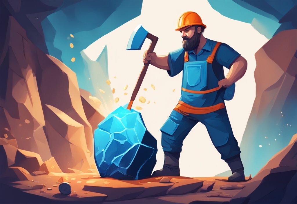 Moderner digitaler Gemäldillustration eines Minenarbeiters mit Spitzhacke, der eine leuchtende Münze aus einem großen Felsen mit der Inschrift "BTC" extrahiert; daneben eine fließende Sanduhr, die den Zeitverlauf symbolisiert. Hauptfarbthema: Blau.