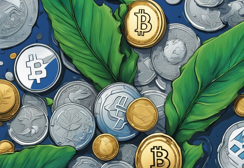 Moderne digitale Malerei mit blauen Farbtönen, zeigt Münzen mit Kryptowährungslogos und grünen Blättern, die Shitcoins mit Potenzial symbolisieren.
