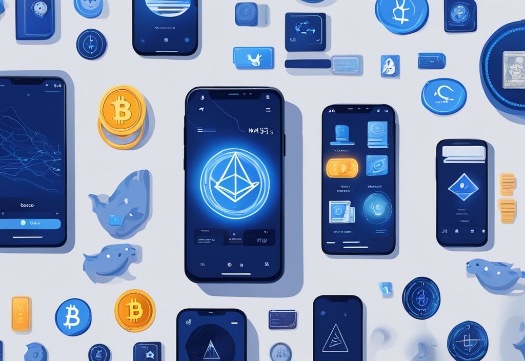 Moderne digitale Illustration eines Exodus-Digital-Wallets auf einem Smartphone-Bildschirm, umgeben von global anerkannten Kryptowährungen wie Bitcoin, Ethereum und Litecoin, in Blau gehalten.