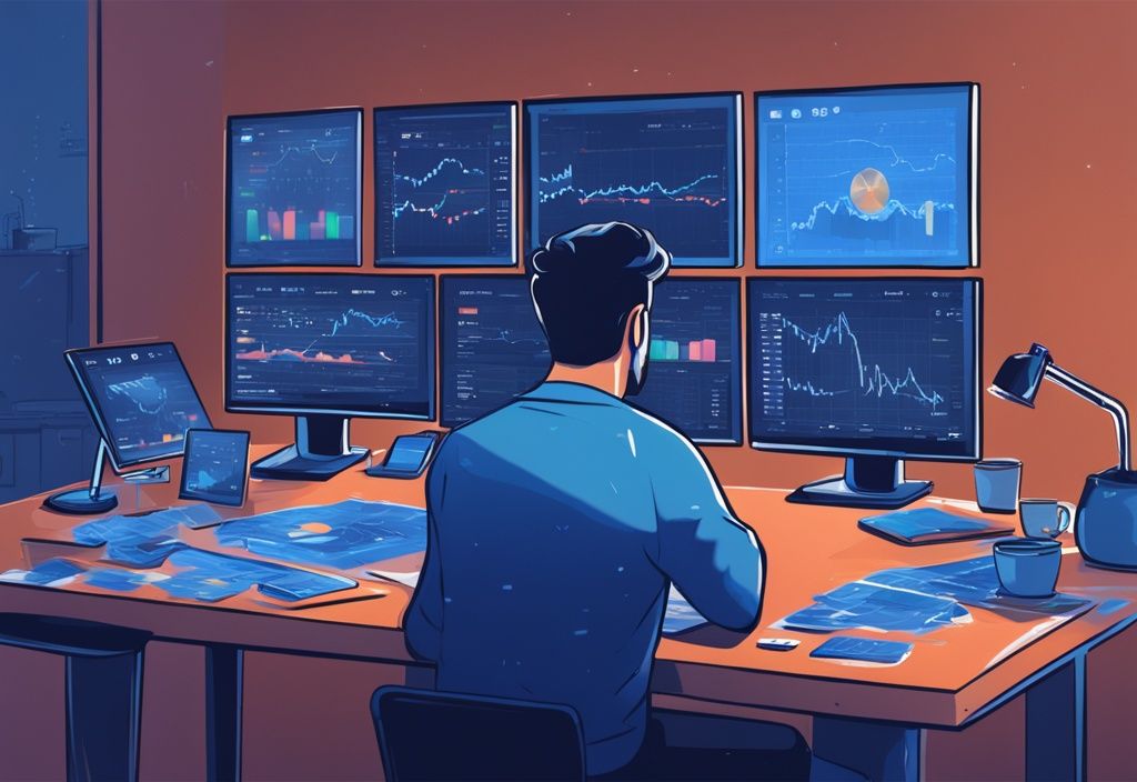 Anfänger-Investor analysiert nachdenklich Kryptowährungsdiagramme auf Bildschirm, blaue Farbpalette, Münzstapel auf dem Tisch