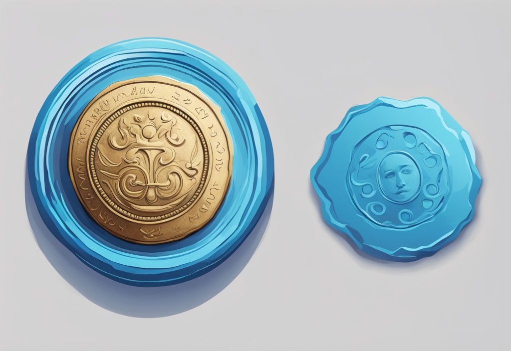 Moderne digitale Malerei mit blauem Farbschema, die ein antikes Münzobjekt und ein modernes digitales Token auf weißem Hintergrund zeigt.