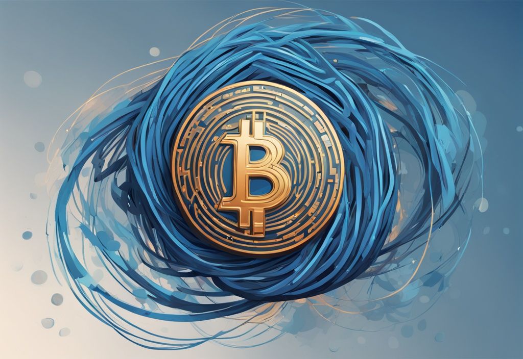 Moderne digitale Malerei mit blauem Farbschema, abstrakte Darstellung einer Münze mit verschlungenen, wirbelnden Linien, die die Komplexität und Vernetzung der digitalen Kryptowährung Entangle Coin symbolisieren.