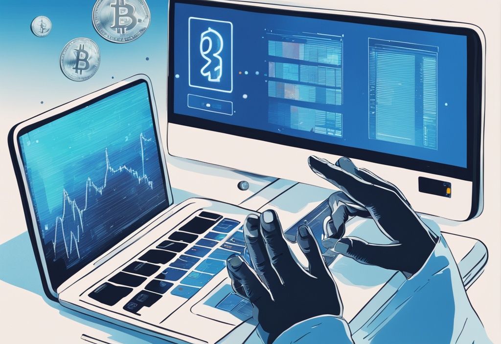 Hände nutzen Laptop mit Kryptowährungsbörse auf dem Bildschirm, digitale Münzen, wie kaufe ich Kryptowährung