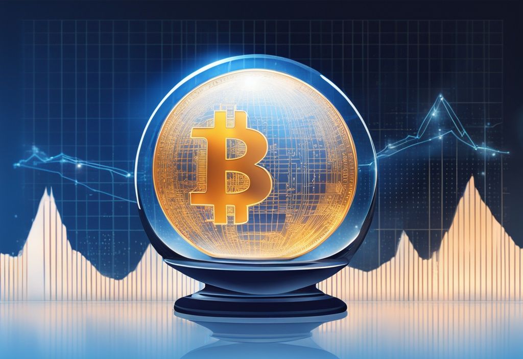 Moderne digitale Malerei mit blauem Farbschema, Kristallkugel beleuchtet steigenden Bitcoin-Trend für 2024