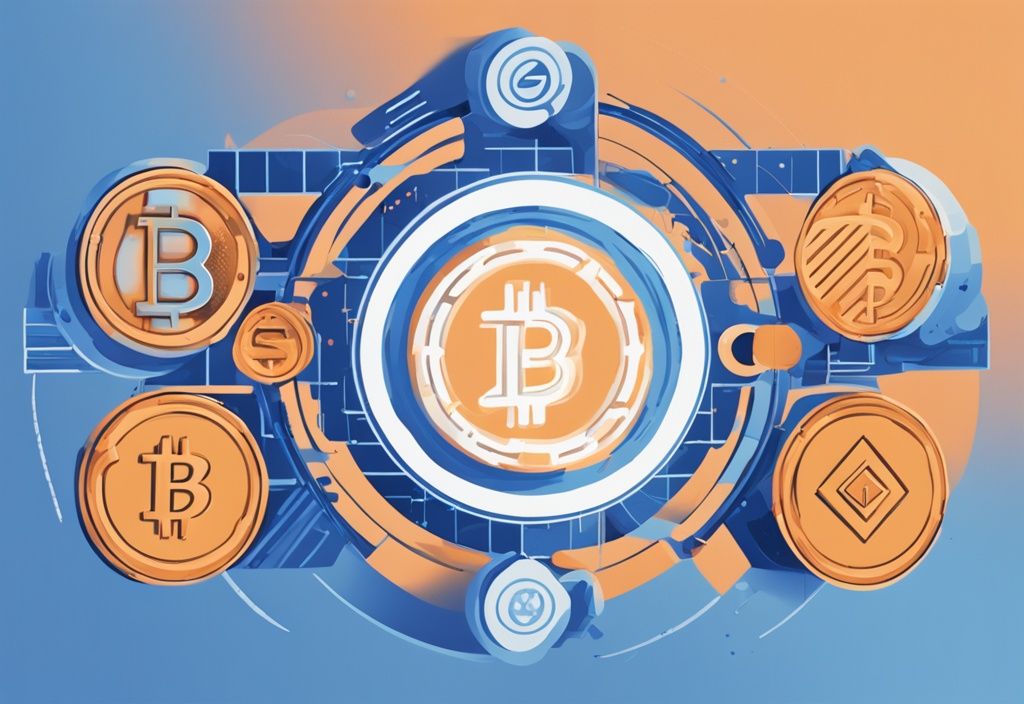 Moderne digitale Malerei mit blauer Farbgebung, die abstrakte Darstellungen verschiedener Kryptowährungsbörsen in einem Halbkreis um das Bitvavo-Logo zeigt, symbolisiert Bitvavo Alternativen.