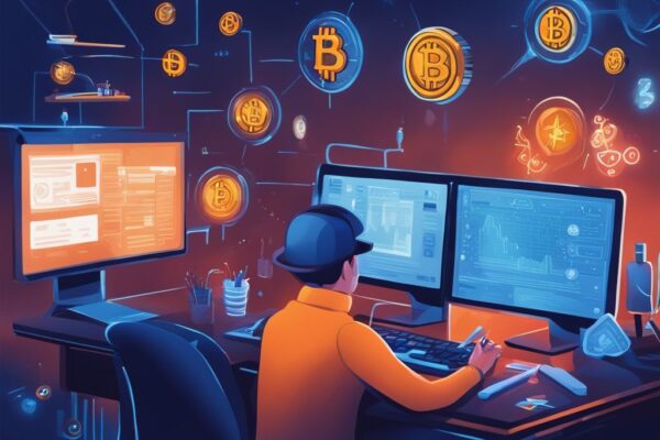 Moderne digitale Illustration in Blau: Person am Computer analysiert Kryptowährungssymbole mit sicherem Mittelherkunftsnachweis bei Kryptowährungen im Vordergrund.