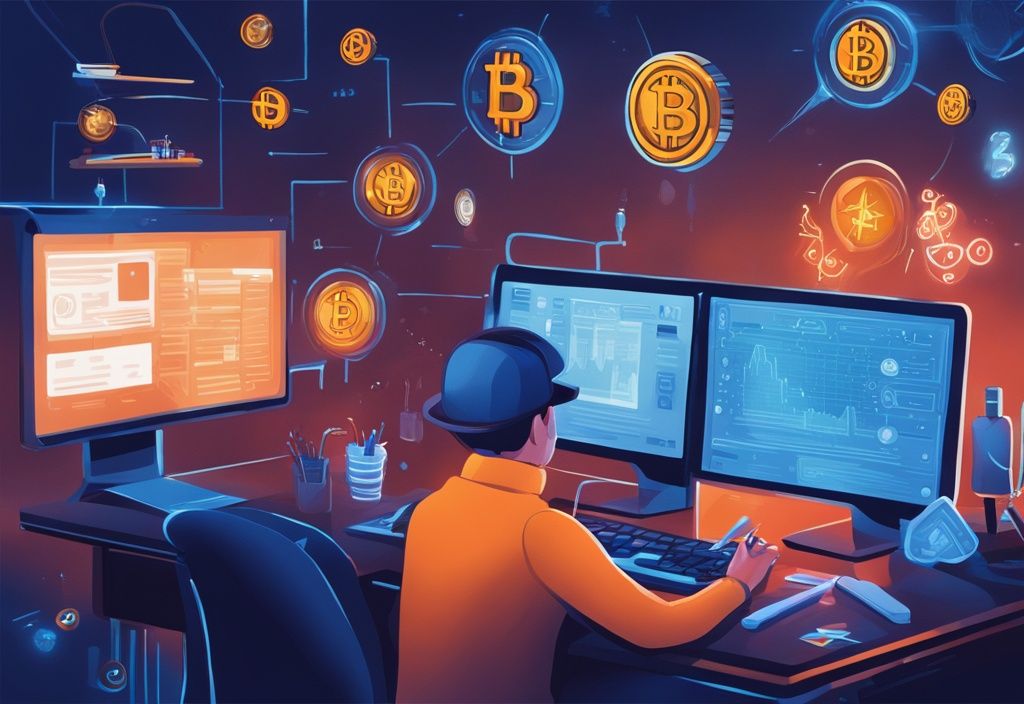 Moderne digitale Illustration in Blau: Person am Computer analysiert Kryptowährungssymbole mit sicherem Mittelherkunftsnachweis bei Kryptowährungen im Vordergrund.