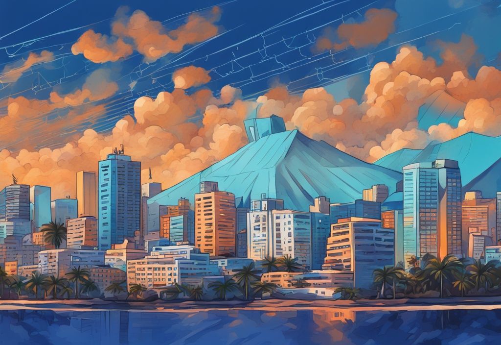 Moderne digitale Illustration der Skyline von Puerto Rico mit blauen Farbtönen, Bitcoin-Symbolen, Steuersymbolen und digitalen Bildschirmen mit Finanzgrafiken, thematisiert Puerto Rico Krypto Steuern.