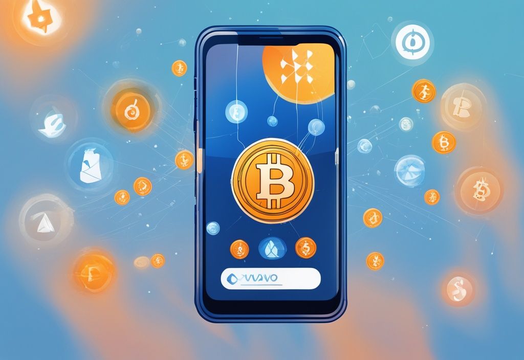 Digitale Illustration eines Smartphones mit der Bitvavo-App, Schwerpunkt auf Krypto-Sendefunktion, umgeben von schwebenden Kryptowährungen, Hauptfarbthema Blau