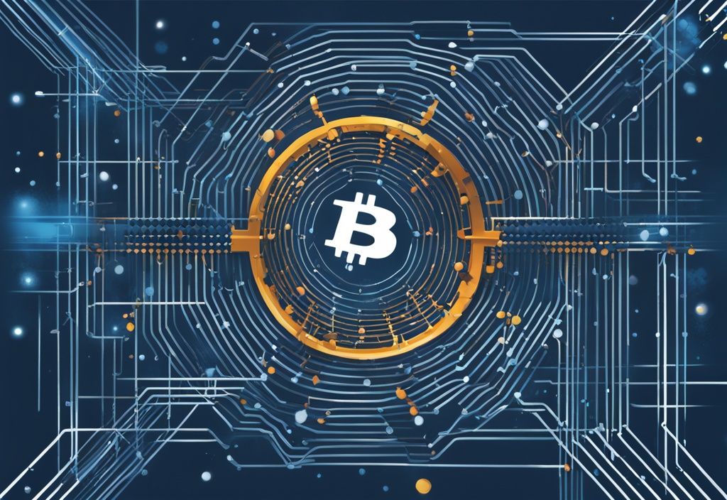 Moderne digitale Illustration von Bitcoin-Mining mit blauen Farbtönen, die vernetzte Knoten, eine digitale Spitzhacke und ein komplexes Netzwerk-Matrix darstellen, symbolisiert die Hashrate Bitcoin.