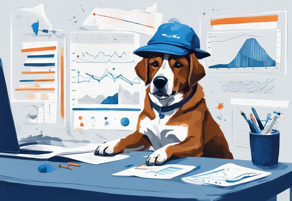 Moderner digitaler Gemäldeillustration eines Hundes mit Hut, der verschiedene Grafiken und Diagramme studiert, um Prognosen zu erstellen, Dogwifhat Prognose.
